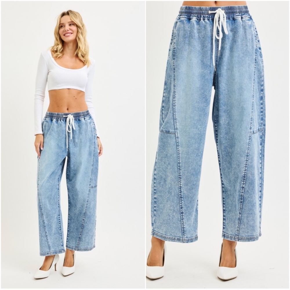 Risen Light Wash Stretchy Waist Drawstring Cotton Denim Barrel Pants - Picture 1 of 2